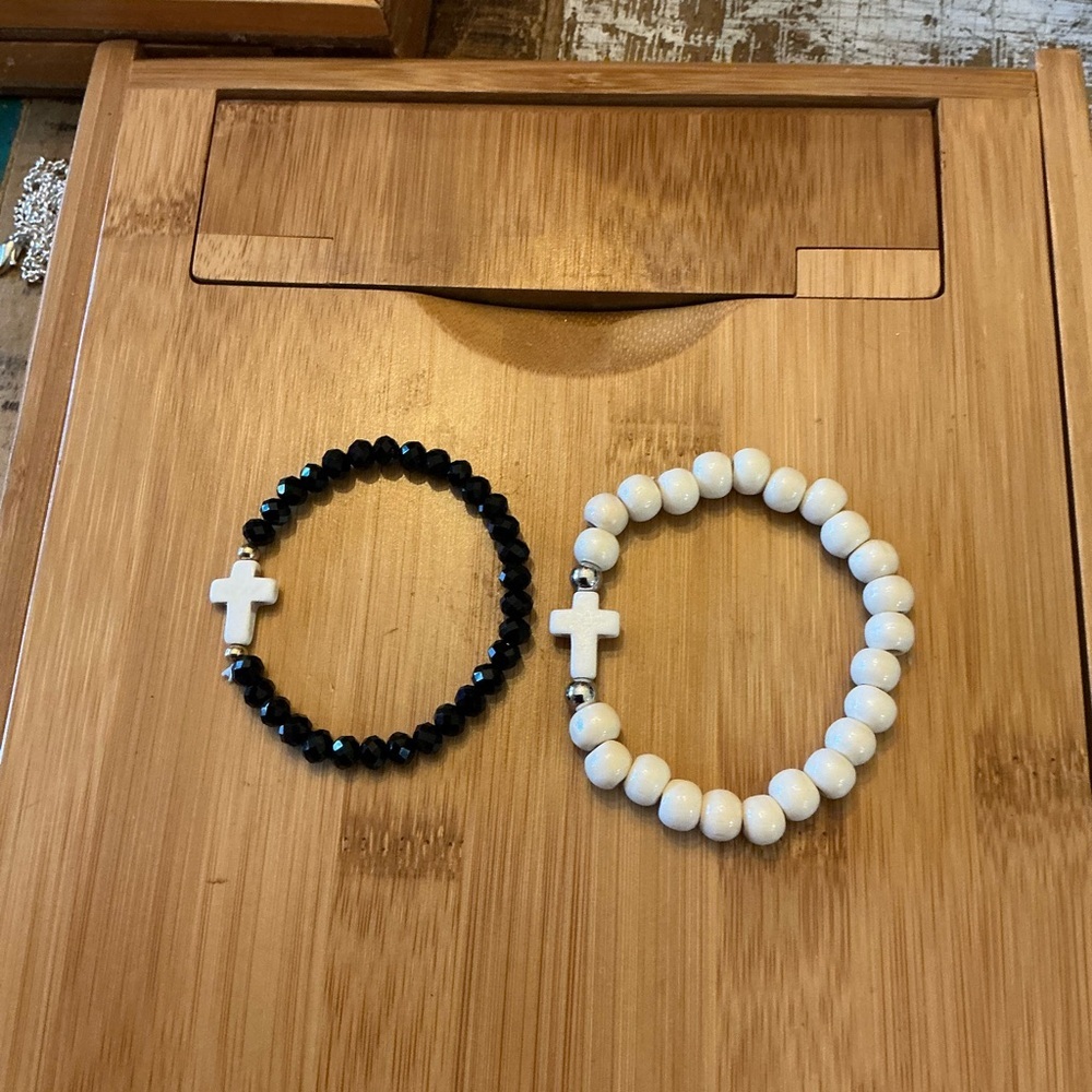 Beaded Cross Stretch Bracelets - Wood & Iridescent